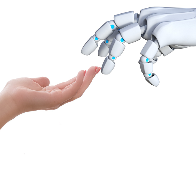 A hand with an open palm and fingertips touching the tips of a robot blue and white hand.