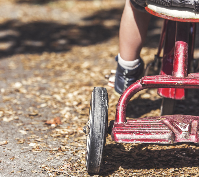 A close-up shot of a left side and wheel of a red trike and a child sat on it riding over crushed leaves on the ground.