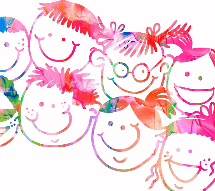 Drawings on a white background with a multicolored crayon of eight children smiling.