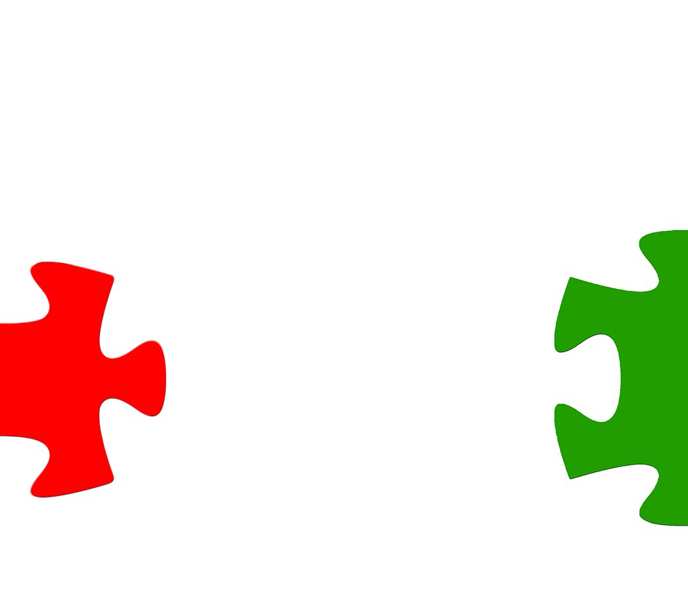 A white square with half a red puzzle piece on the left and half a green puzzle piece on the right.