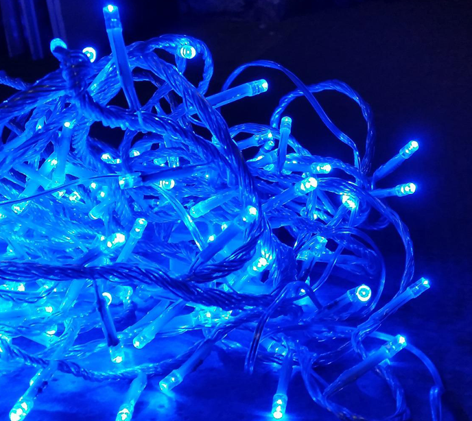 A bunch of knotted string blue lights.