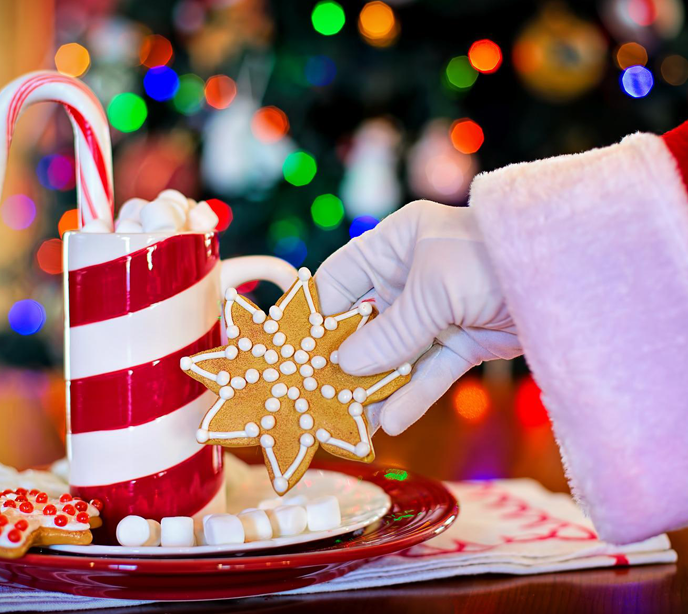 Santa's hand holding a star iced cookie over a red plate with a red and white striped mug with a candy cane in front of colored lights.