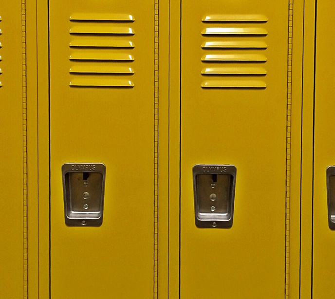 A row of yellow lockers.