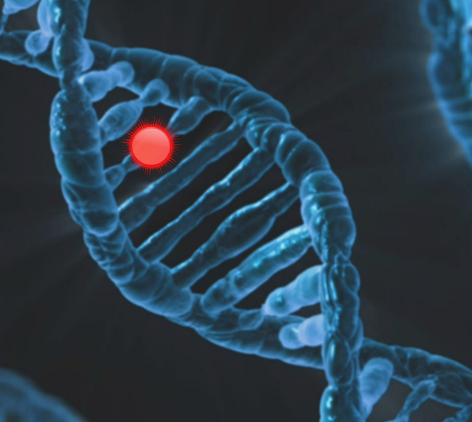 A blue strand of DNA with a red bright spot on it surrounded by a black background.