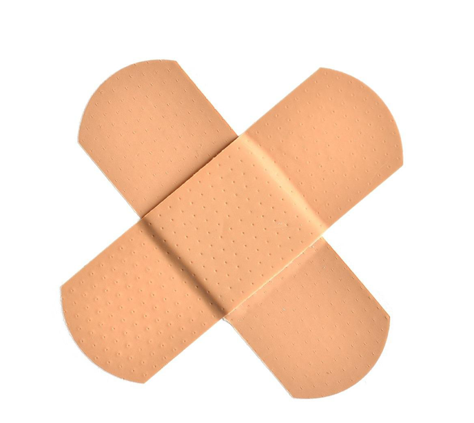 Two band-aids crossed in the shape of an x on a white background.