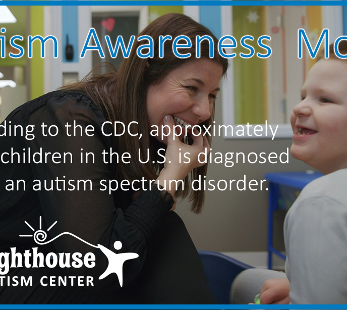 A cropped slide with information about autism awareness month with a woman and child smiling in the background.