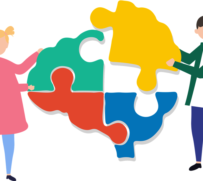 A cartoon man and woman holding a brain of four puzzle pieces each in a primary color