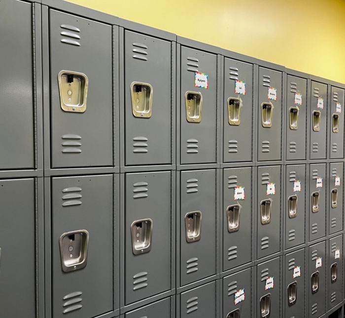 Three rows of gray lockers in a room at Kalamazoo East Center