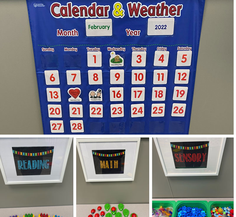 A calendar and weather wall chart showing February 2022, and three framed words: reading, math, and sensory.