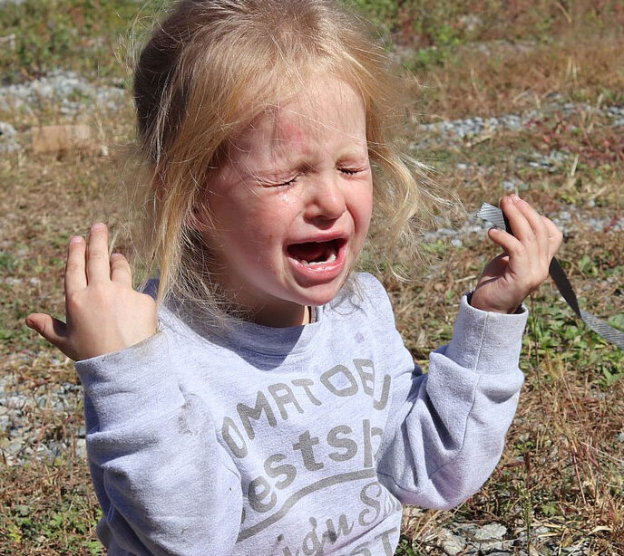 A child holding her hands up and crying