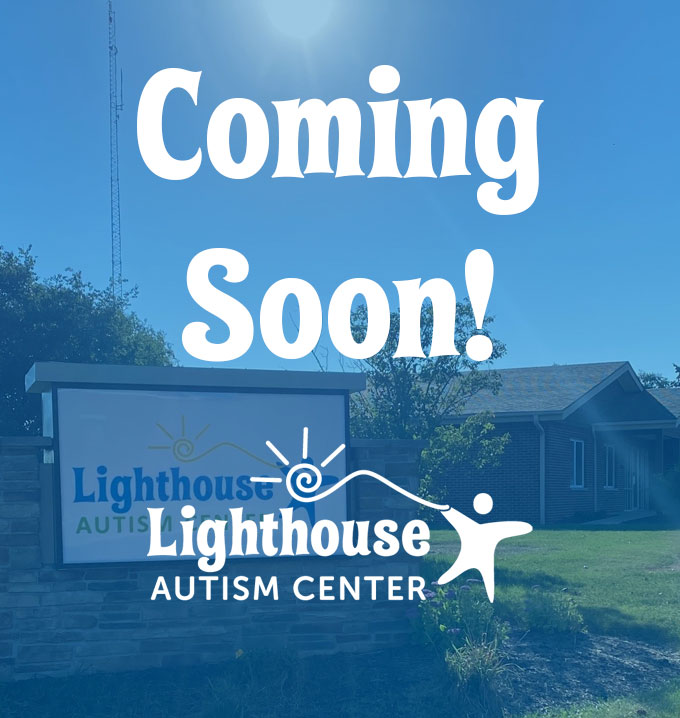 Coming soon text over the front of a Lighthouse Autism Center.