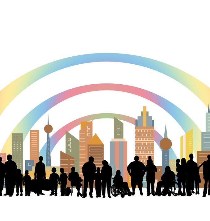 A cartoon image containing silhouettes of people in front of a rainbow skyscraper.