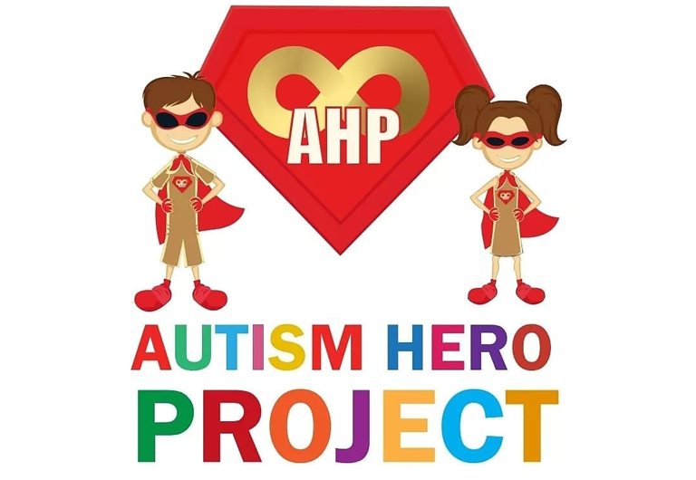 A superhero boy and girl cartoon on a white background with a Autism Hero Project red badge and multicolored text