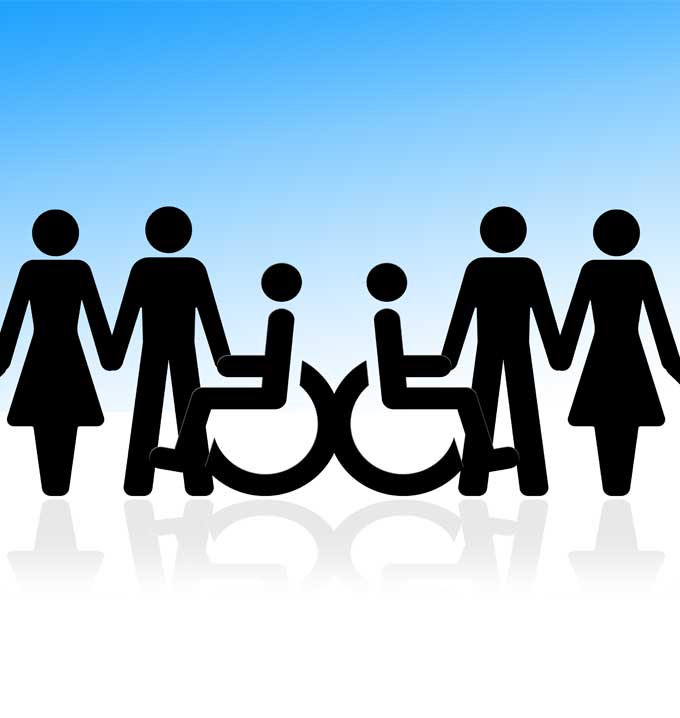 Symbols of figures of two men, two women and two people in wheelchairs holding hands on a blue & white background.