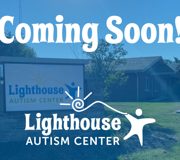 Coming soon text on a blue background over a photograph of a Lighthouse Autism Center sign and building